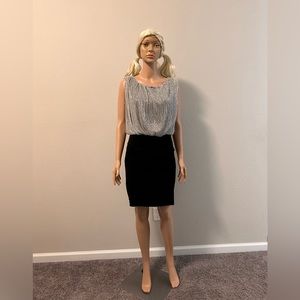 Enfocus Studio Womans Sleeveless Shimmery Silver Top Black Bottom Cocktail Dress